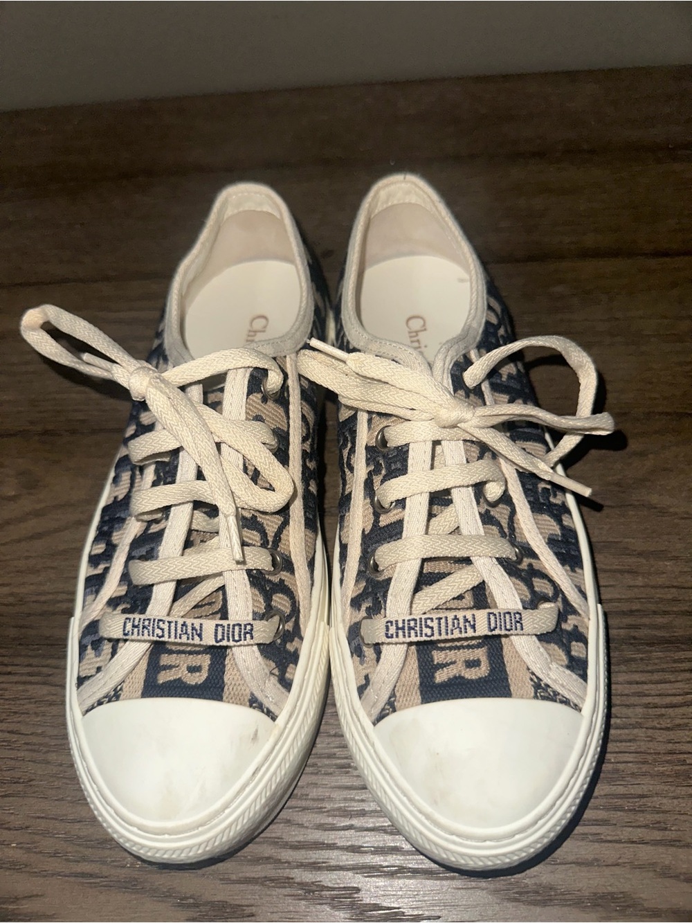 Christian Dior Women's Beige & Navy Logo Canvas Low-Top Sneakers Worn Twice.
